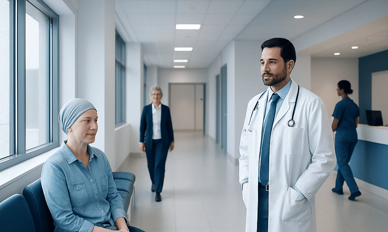 Doctor consulting a patient in a hospital corridor.