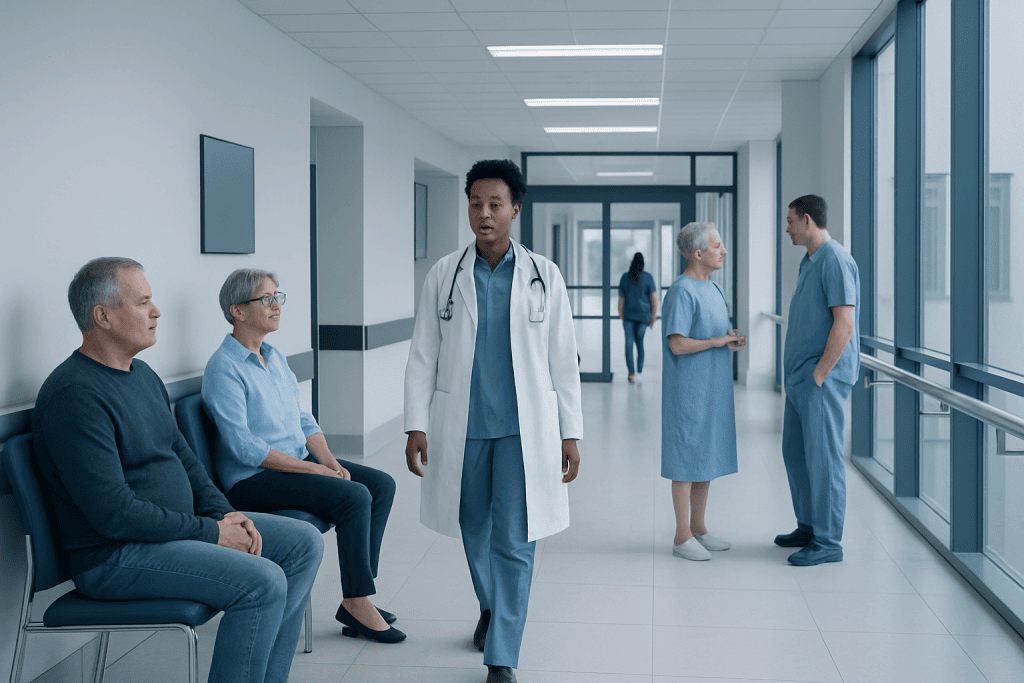 Malignant Tumor: Symptoms, Diagnosis, and Treatment Options 1 Medical staff and patients in a hospital corridor at Acibadem Hospitals Group.