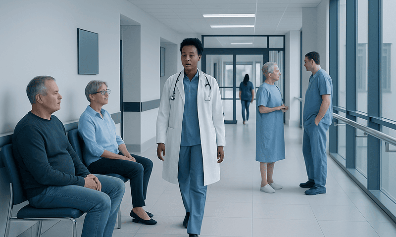 Medical staff and patients in a hospital corridor at Acibadem Hospitals Group.