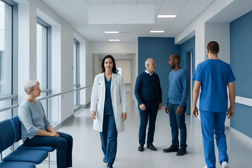 What Is Cancer? Understanding How Normal Cells Become Cancerous 1 Healthcare professionals and patient in a hospital corridor at Acibadem Hospitals Group.