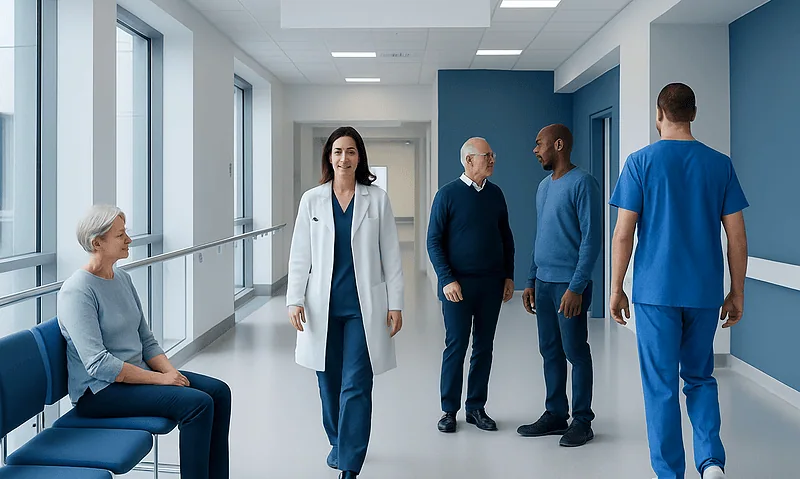Healthcare professionals and patient in a hospital corridor at Acibadem Hospitals Group.