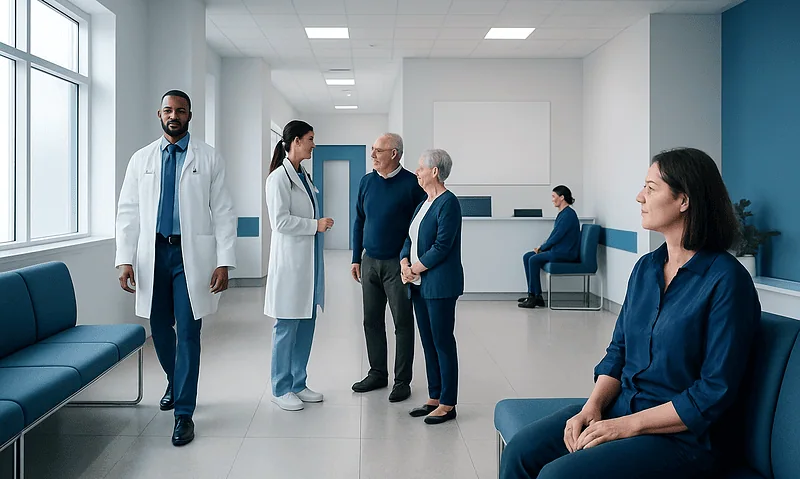 Medical team consulting in a hospital corridor with patients.
