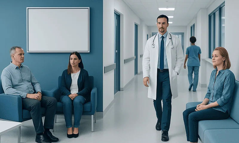 Medical consultation in a hospital corridor with patients and doctor.