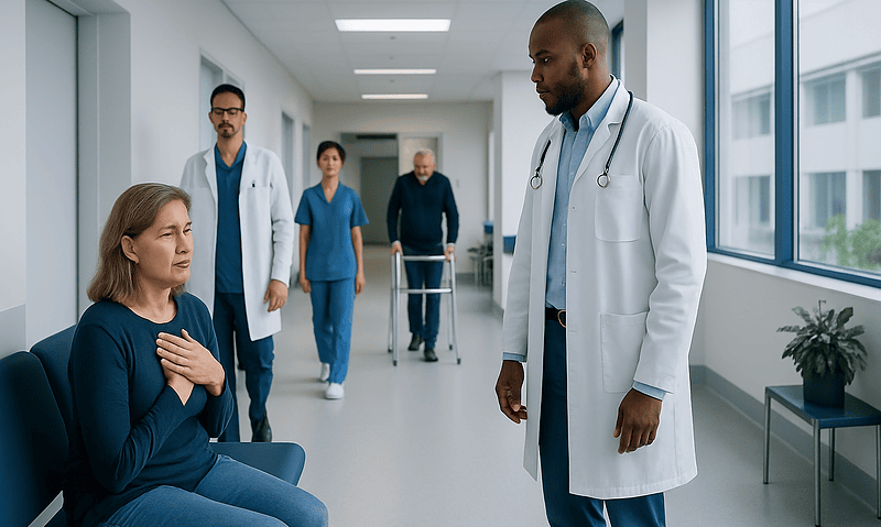 Doctor consulting a patient in a hospital corridor with medical staff in the background.