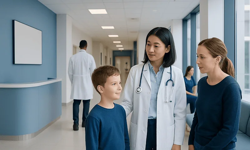 Doctor talking to young boy and woman in hospital corridor.