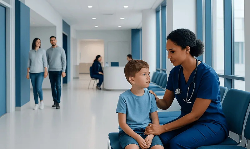 Pediatric nurse consulting a young boy in a hospital corridor.