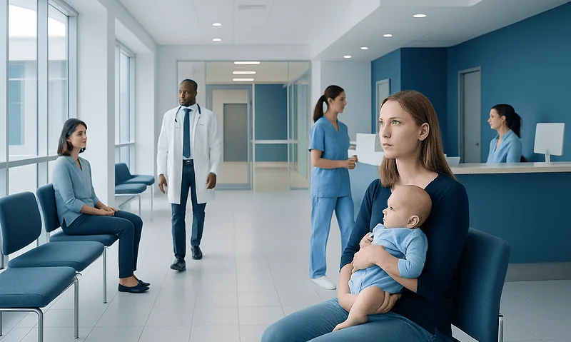 Pediatric patient with mother in hospital waiting area at Acibadem Hospitals Group.
