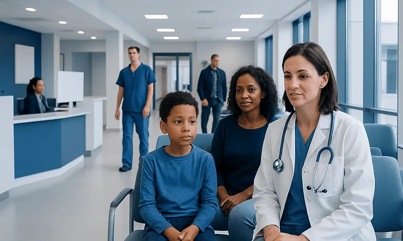 Doctor consulting with young patient and family in hospital corridor.