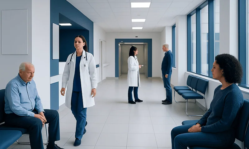 Medical staff and patients in a modern hospital corridor.