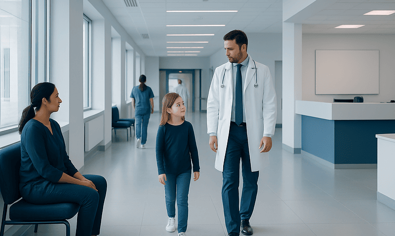 Doctor talking to young girl and her mother in hospital corridor.