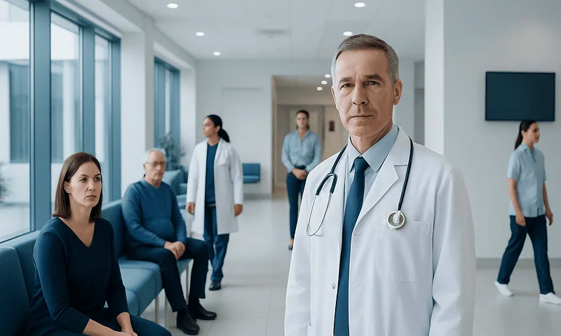 Doctor with stethoscope in hospital corridor with patients and staff.