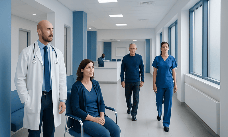 Medical team walking in hospital corridor with patient in wheelchair.