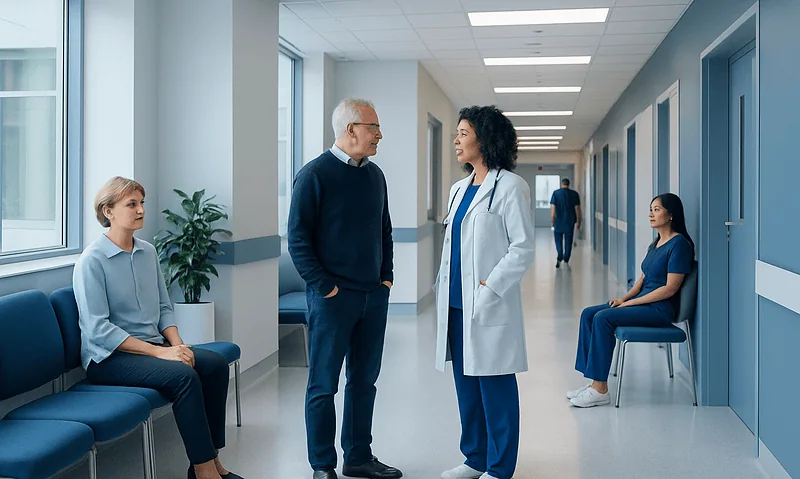 Doctor consulting with patient in hospital corridor with waiting patients.
