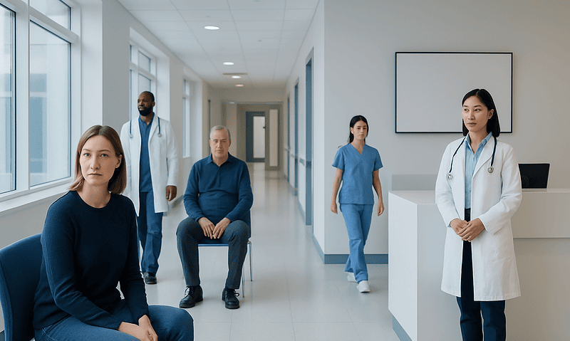 Medical team and patient in hospital corridor at Acibadem Hospitals Group.