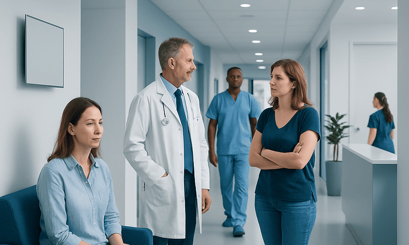 Medical team discussing patient care in hospital corridor.