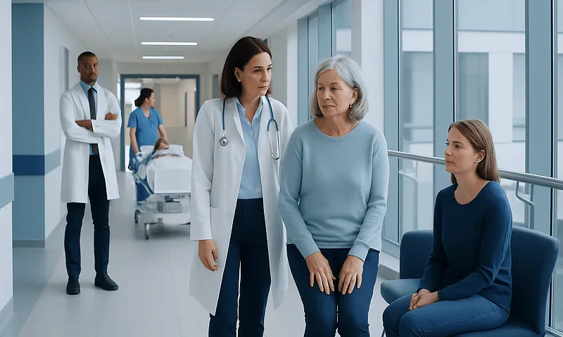 Hospital staff consulting with a patient in a modern medical corridor.