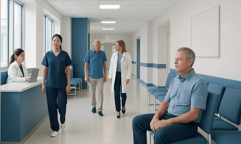 Medical professionals and patient in a hospital corridor.