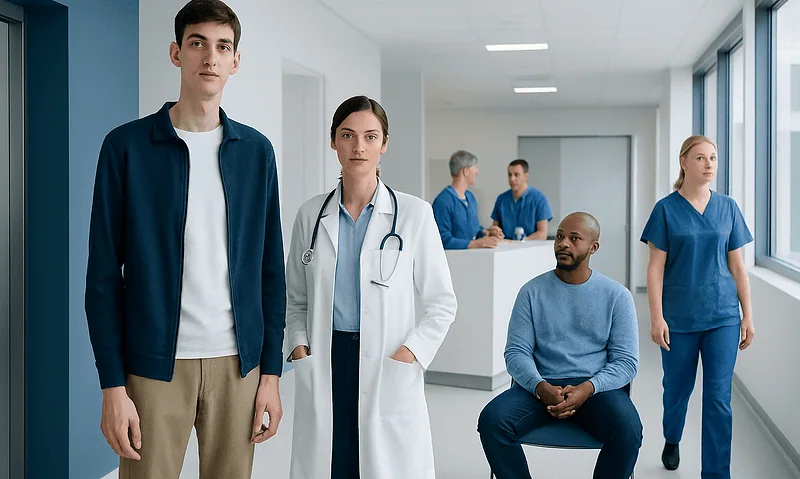 Diverse medical team in hospital corridor with patient and staff.