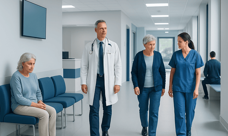 Medical team consulting with elderly patient in hospital corridor.