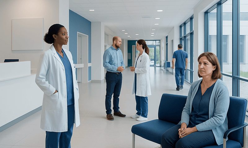 Healthcare professionals and patient in a modern hospital corridor.