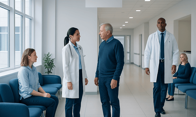 Medical team consulting with patient in hospital corridor.