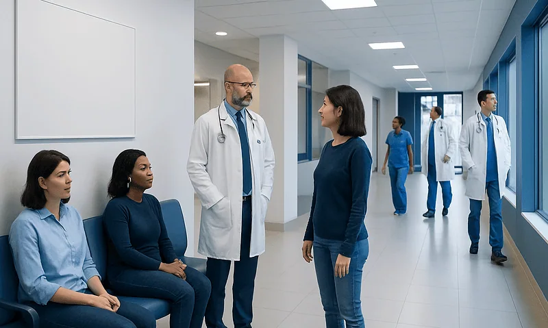 Medical team discussing patient care in hospital corridor.