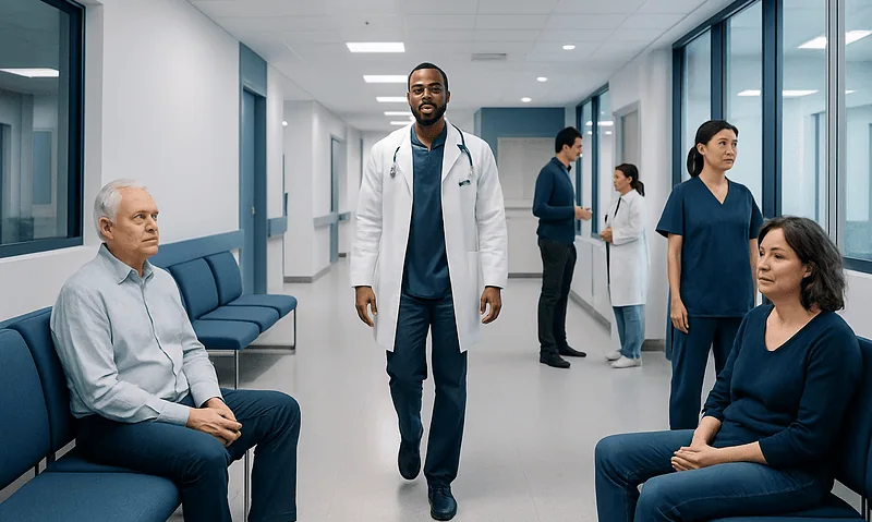 Medical professionals and patients in a hospital corridor at Acibadem Hospitals Group.