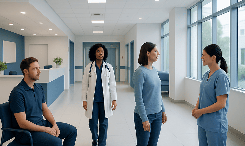 Medical staff and patient in hospital corridor at Acibadem Hospitals Group.