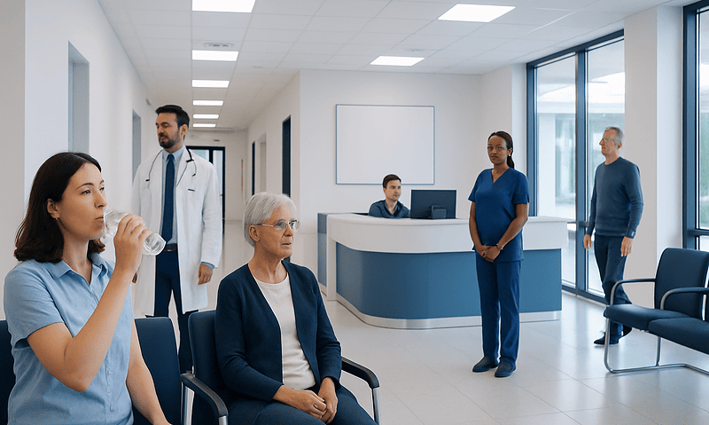 Patients waiting in a modern hospital reception area with medical staff present.