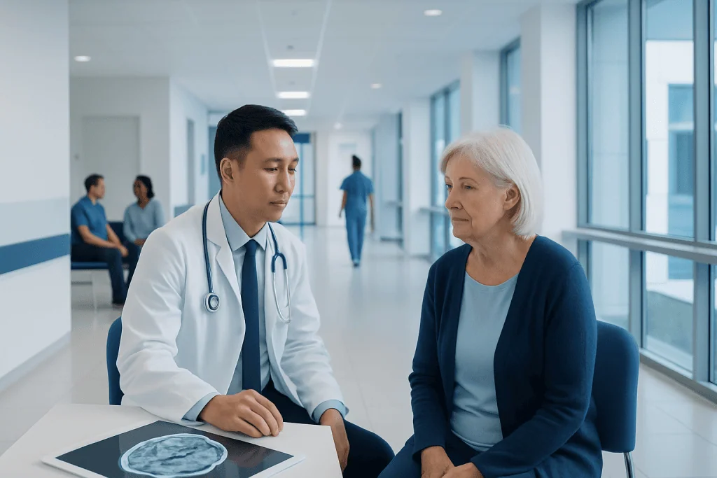 What Happens at a Diagnostic Imaging Consultation? 1 Doctor consulting with elderly woman in hospital corridor with MRI scan.