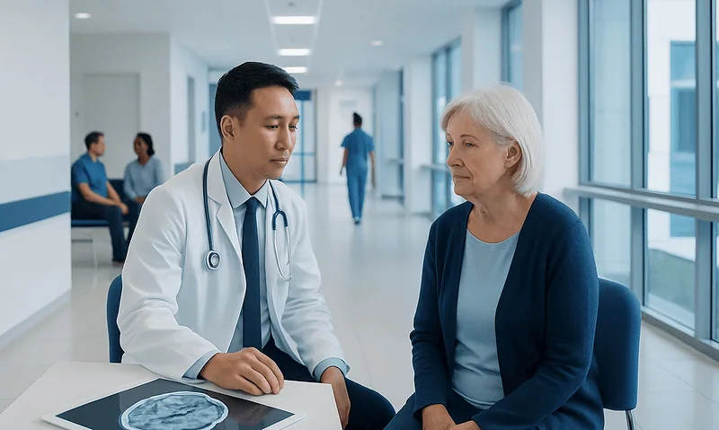 Doctor consulting with elderly woman in hospital corridor with MRI scan.