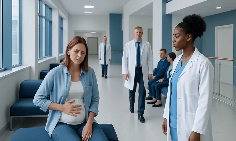 Bloating Every Day: Common Causes, Food Triggers, and When to Get Checked 13 Pregnant woman experiencing abdominal discomfort in hospital corridor.