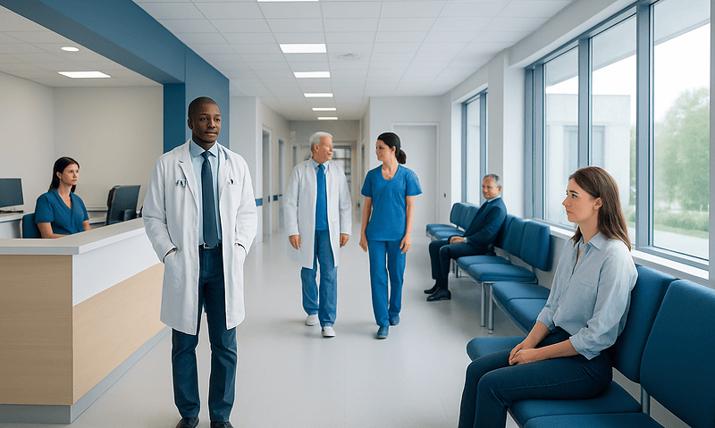 H. pylori Infection: Symptoms, Breath Testing, and Treatment Options 12 Medical professionals and patients in a modern hospital corridor.