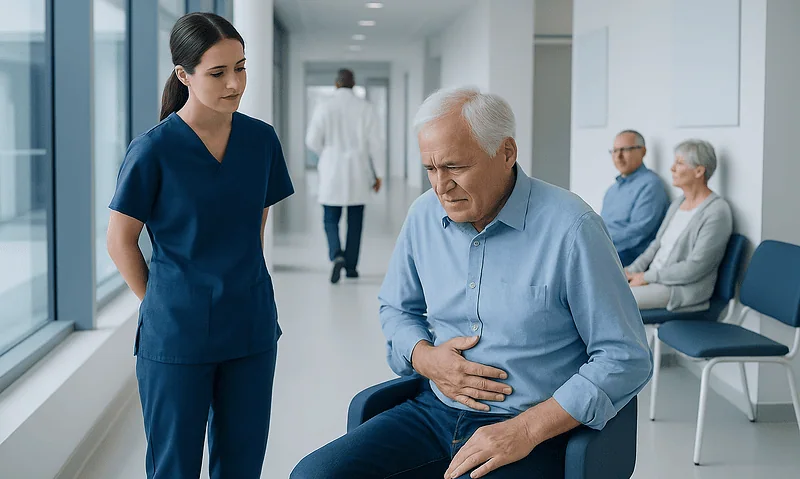 Digestive Symptoms in Older Adults: Warning Signs That Deserve Prompt Attention 9 Older man experiencing stomach pain in a hospital corridor with nurse and waiting patients.
