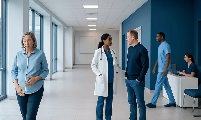 Medical staff and patient in hospital corridor at Acibadem Hospitals Group.