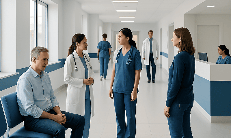 Medical team discussing patient care in hospital corridor.