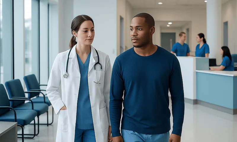 Doctor and patient in hospital corridor at Acibadem Hospitals Group.