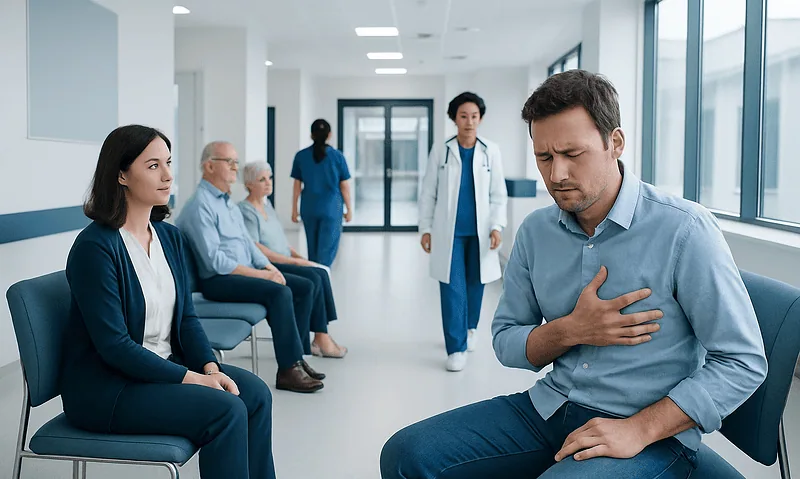 Patient experiencing chest discomfort in hospital waiting area.