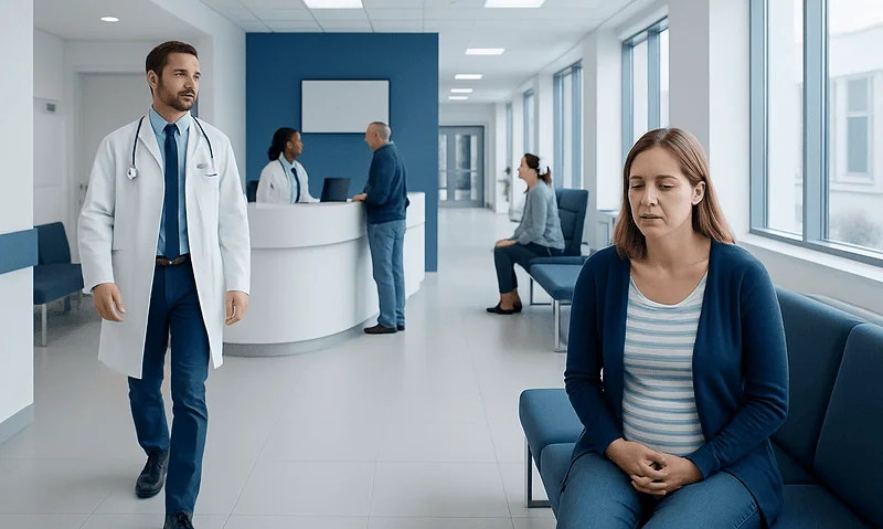 Patient waiting in hospital corridor with medical staff nearby.