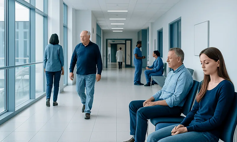 Patients waiting in a hospital corridor at Acibadem Hospitals Group.