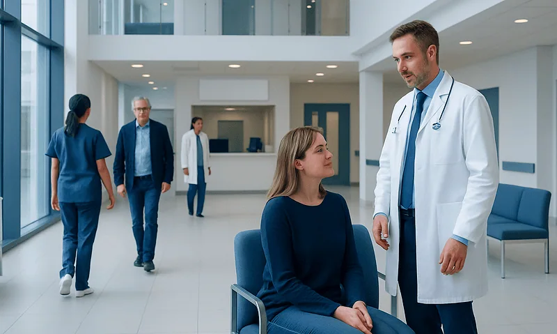 Doctor consulting a patient in a hospital lobby with medical staff in background.