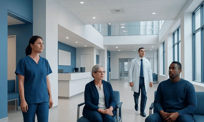 Medical professionals and patient in a modern hospital corridor.