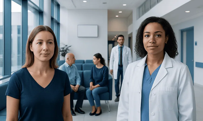 Medical professionals in a hospital waiting area with patients in the background.