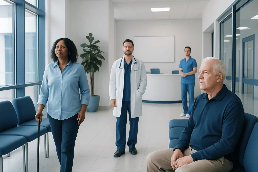 Peripheral Artery Disease: Leg Pain, Circulation Tests, and Treatment Choices 1 Medical consultation in hospital waiting area with diverse healthcare team.