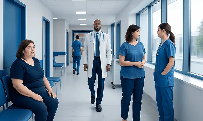 Medical team discussing patient care in hospital corridor.