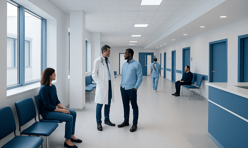 Hospital corridor with doctors and patients in a modern healthcare facility.