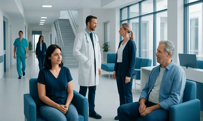 Medical consultation in a modern hospital with doctors and patients.