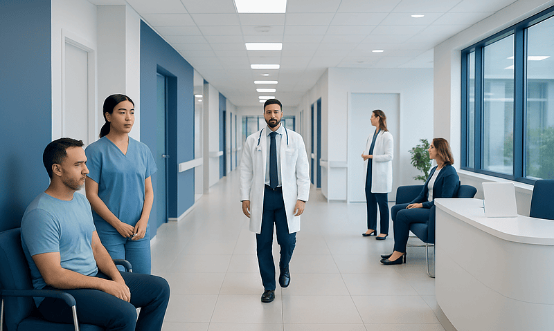 Medical team in hospital corridor with patients and staff.