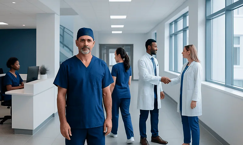 Medical team in hospital corridor with doctors and nurses.