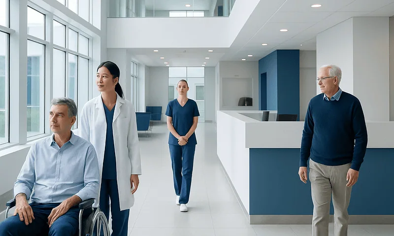 Hospital staff and patient in a modern medical facility corridor.